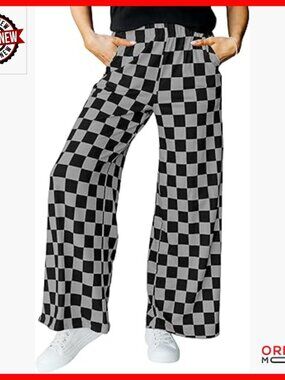 Wide Leg Lounge Pants High Waist Straight Leg Checkered Pattern Casual